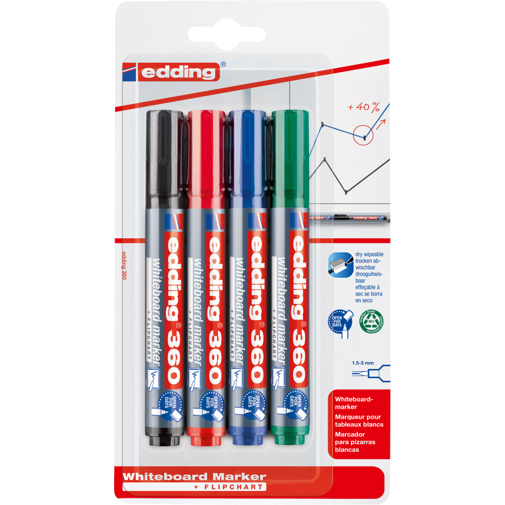 Set 4 markere Edding 360 pentru tabla, varf 1.5-3 mm, negru, rosu, albastru, verde Set 4 markere Edding 360 pentru tabla, varf 1.5-3 mm, negru, rosu, albastru, verde